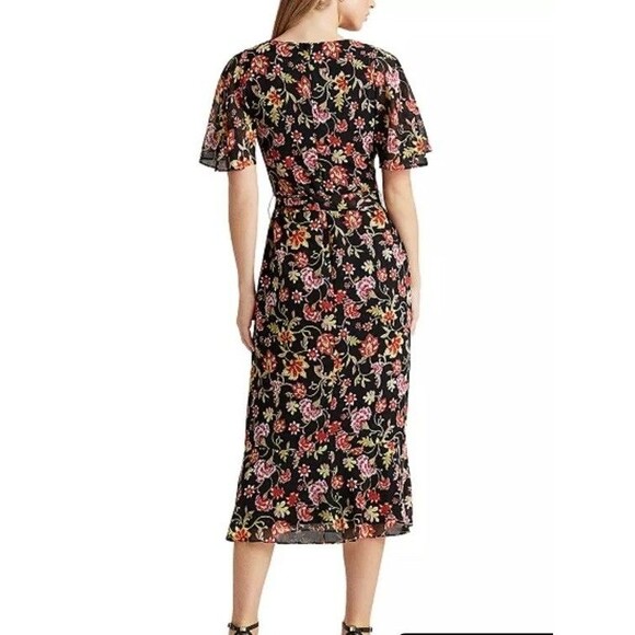 Ralph Lauren Black Floral Georgette Dress Short Flutter Sleeve Faux Wrap SZ 0 NW - Picture 3 of 16